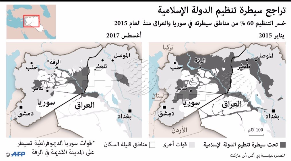 ‏تراجع سيطرة تنظيم “الدولة الاسلامية” داعش في العراق و سوريا (رسم بياني).